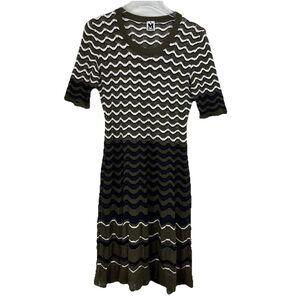 MISSONI Zig Zag Knit Dress‎ Womens 8 Short Sleeve Olive Green Stretch Sheer